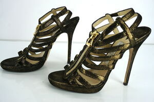 Jimmy Choo Glenys Bronze Metallic Suede Strappy Sandals Size 39 Zip $1050 heels